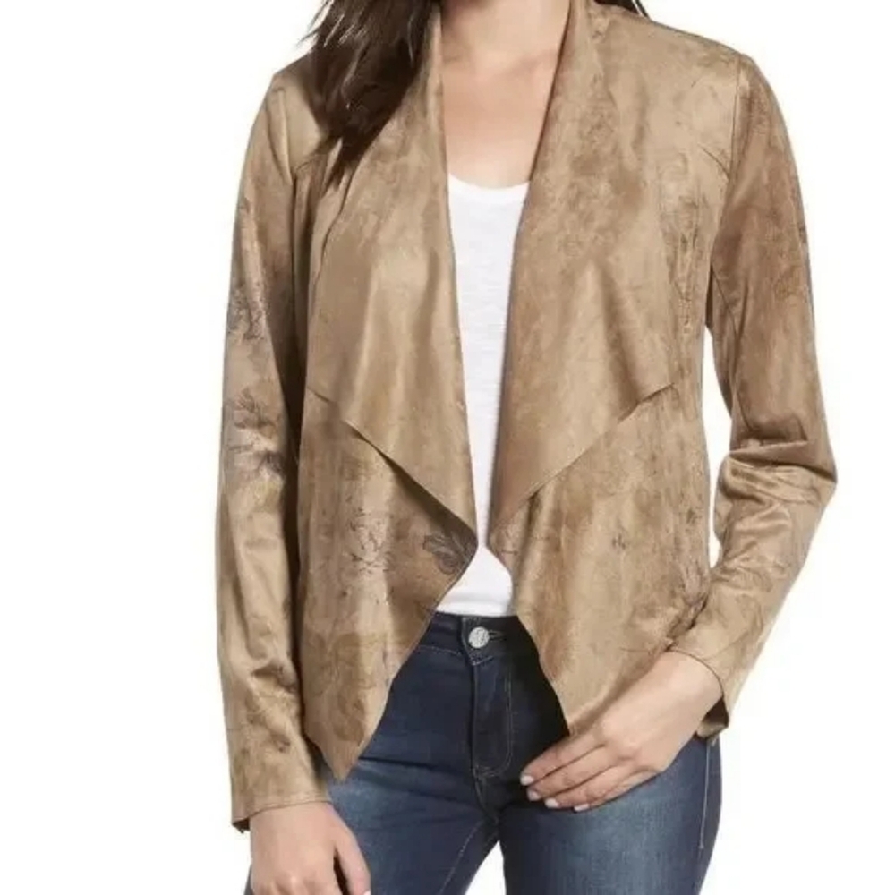 KUT from the Kloth Tayanita Floral Faux Suede Draped Jacket Tan - Large